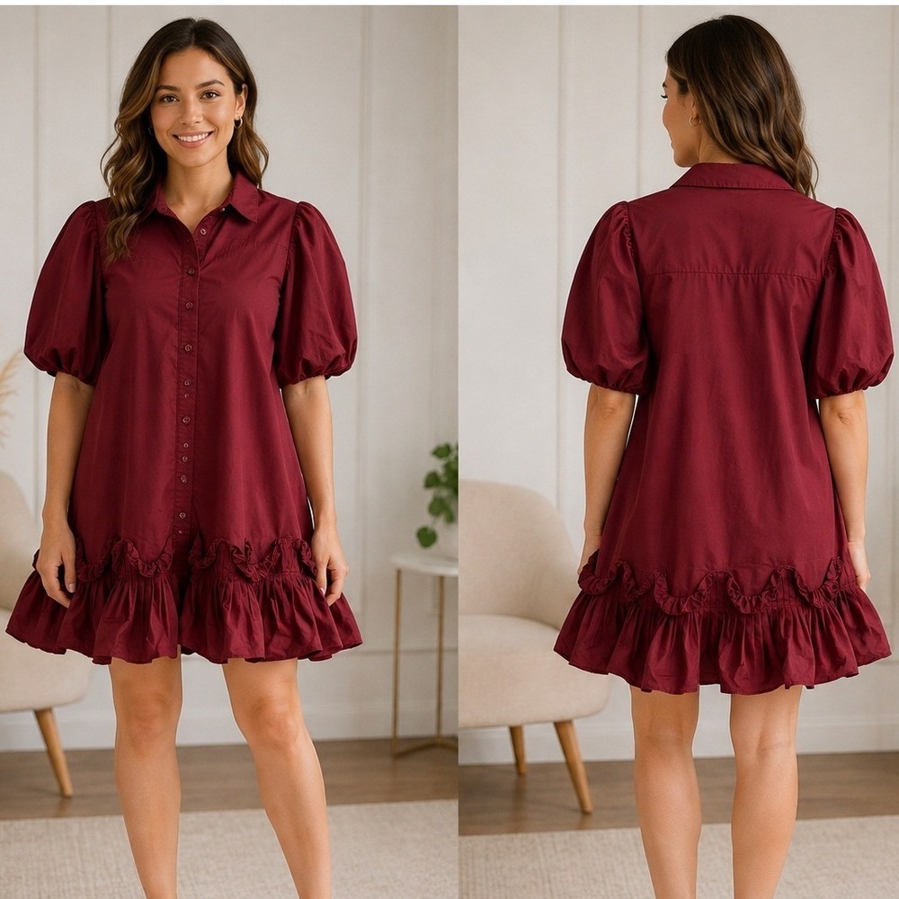 Aureum Mini Dress Large Burgundy Puff Sleeve Ruffle Hem Coquette Babydoll